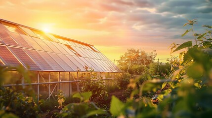 A picturesque greenhouse with transparent solar panels on its roof, bathed in golden sunset light. 8k, realistic, full ultra HD, high resolution and cinematic photography