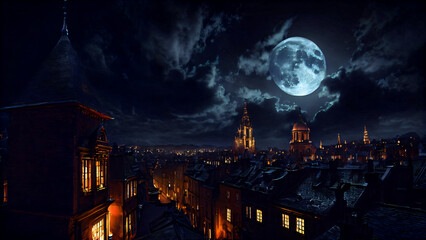 A peaceful architectural, gothic alley under the full moon: windows, pebbles, stars, silence, fog