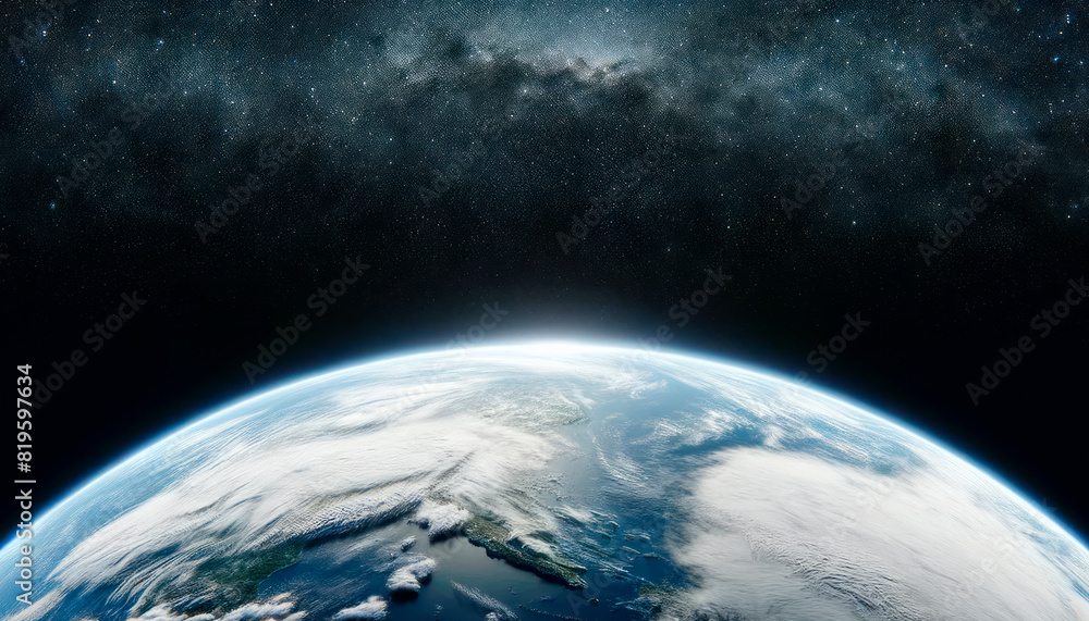 Poster earth viewed from space, showing continents and clouds, with a starry sky background, highlighting t