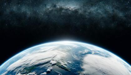 Earth viewed from space, showing continents and clouds, with a starry sky background, highlighting the concept of exploration. Generative AI