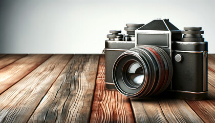A vintage camera on a wooden surface with a soft light background, concept of photography. Generative AI