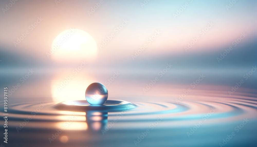 Poster a sphere creating ripples in water at sunset, with a serene background, epitomizing tranquility. gen
