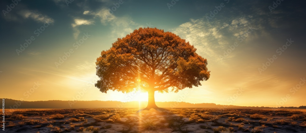 Poster A lone tree in a field at sunset