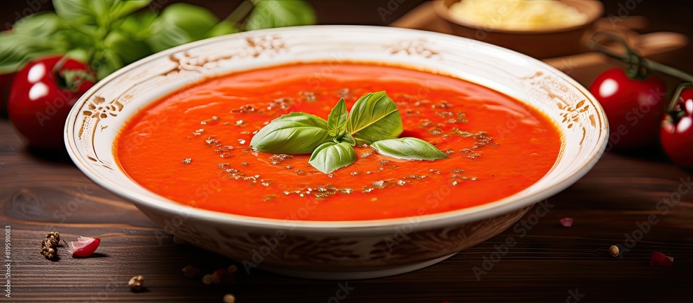 Sticker Bowl of soup garnished with basil and pepper