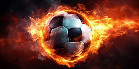 A close up of the soccer ball in the flame of fire .