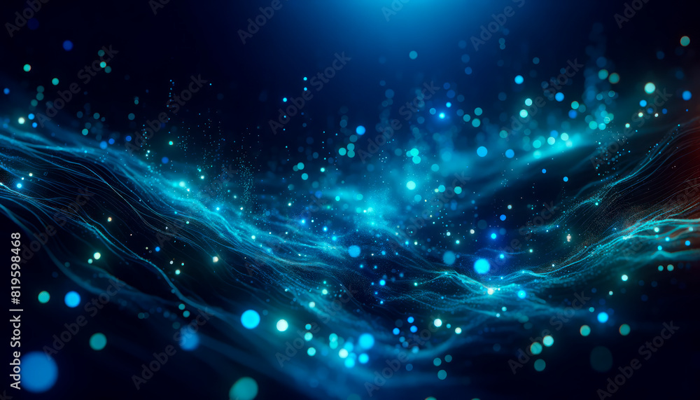 Poster abstract blue particles flowing with lights on a dark background, concept of creativity and technolo