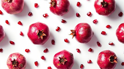 Fototapeta premium Top-down view of fresh pomegranates and seeds scattered on a white surface, showcasing vibrant red colors and symmetrical arrangement.