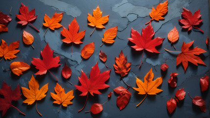autumn leaves background. autumn background with colored red leaves. blue background and autumn leaves.