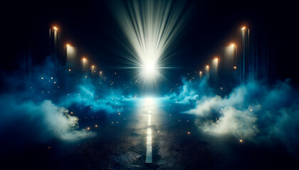 Illuminated road with street lights and smoke, night sky backdrop, concept of a mysterious journey....