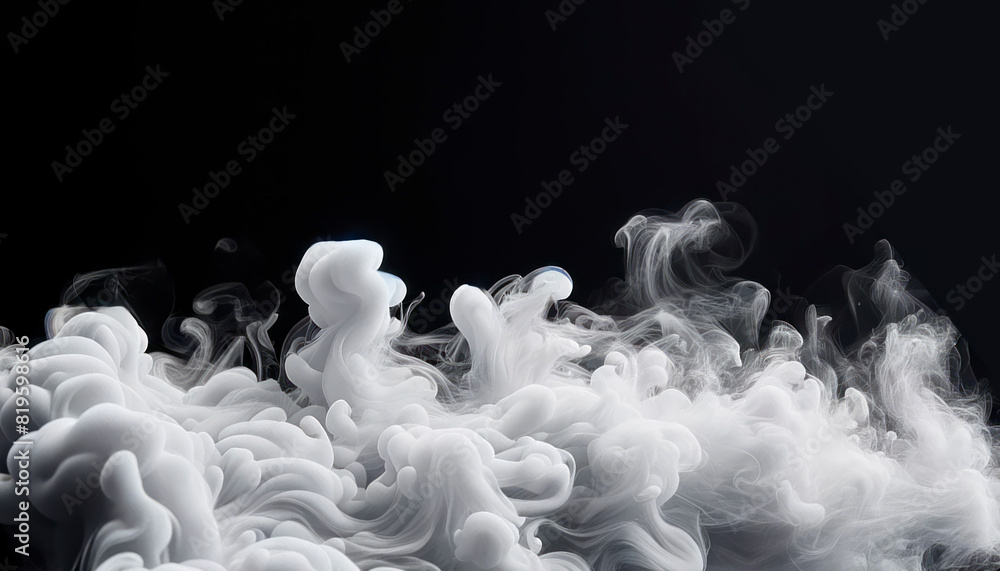 Poster billowing white smoke on a dark background, capturing the fluid dynamics of smoke, evoking a tranqui