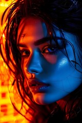 Fototapeta premium portrait of a female with projected digital text in various fonts and sizes cascading across her face