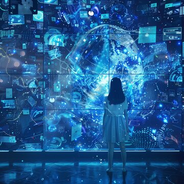 Girl Immersed in Cutting-Edge Technology splahing future trending 