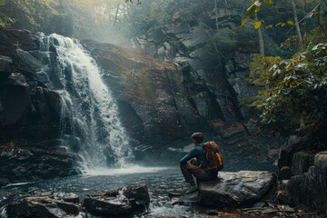 A hiker standing at the edge of a cliff, overlooking a vast, green landscape of forests and rivers, with a sense of accomplishment and awe.