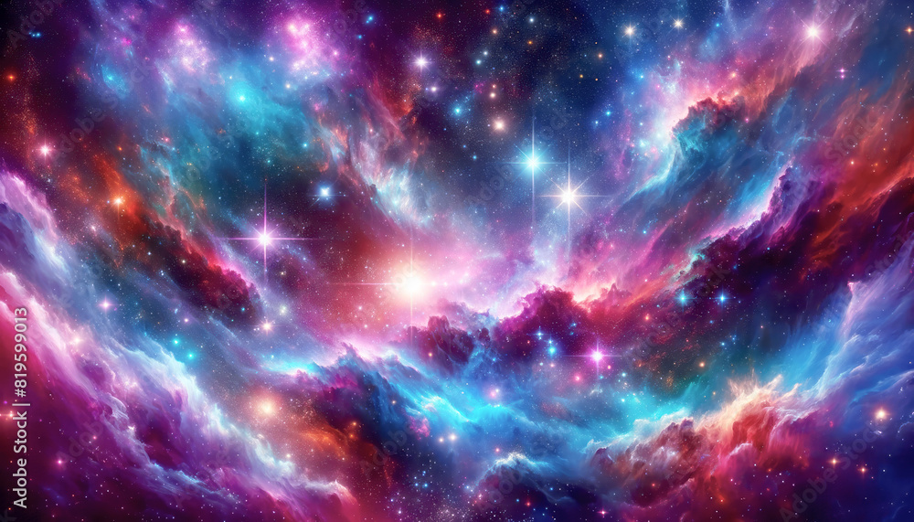 Poster a vibrant cosmic scene depicting a colorful nebula with stars, set on a dark space background, showc
