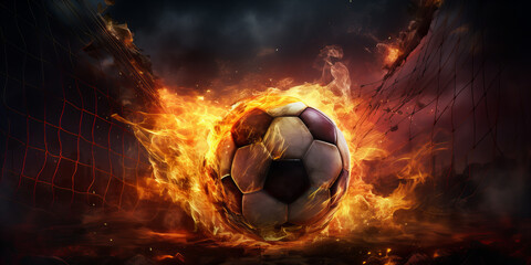 Fototapeta premium A close up of the soccer ball in the flame of fire .