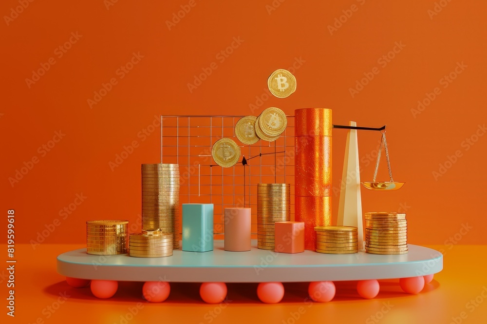 Poster a colorful display of gold coins and other objects, including a scale
