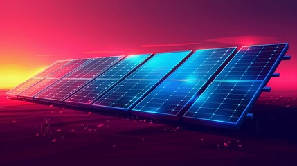 Flat solid color illustration of an aqua blue solar farm on a burgundy background harnessing solar energy