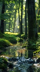 Mystical forest with glowing tree trunks and a serene creek