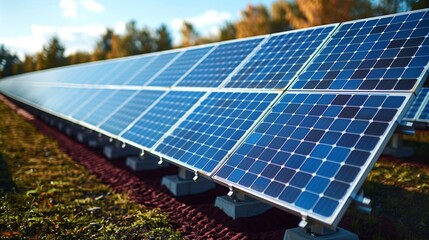 Flat solid color illustration of an aqua blue solar farm on a burgundy background harnessing solar energy