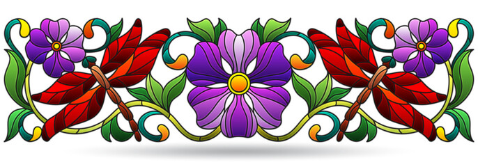 A stained glass illustrations with dragonflies and flowers, compositions isolated on a white background © Zagory