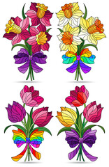 A set of contour illustrations in stained glass style with bouquets of daffodils and tulips, isolated on a white background