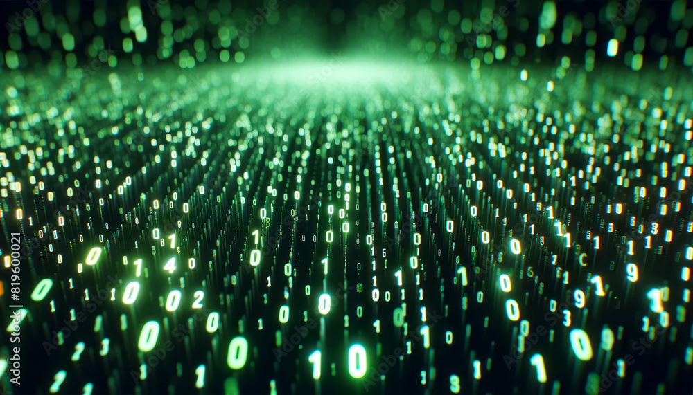 Poster A digital binary code background with glowing green numbers, conveying a concept of data and technology, with creative light effects. Generative AI