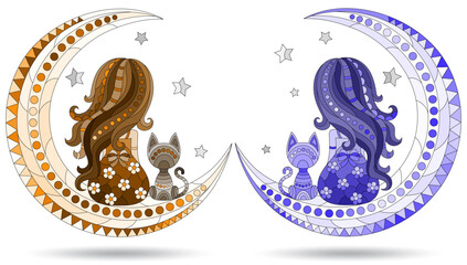 Set of stained glass illustrations with a girl and a cat on the moon, isolated on a white background, tone blue and brown