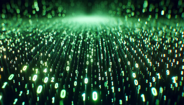 A digital binary code background with glowing green numbers, conveying a concept of data and technology, with creative light effects. Generative AI