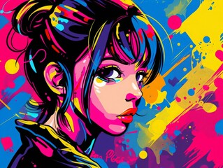 Naklejka premium Graffiti woman vector illustration. Pop art modern graphic design. Cartoon style of colorful urban artwork. Beautiful young lady. Spray paint fashion poster. Street art. Cool strong fashion female