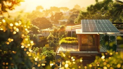 A stylish residence with a rooftop covered in efficient solar panels, basking in the bright midday sun. 8k, realistic, full ultra HD, high resolution and cinematic photography