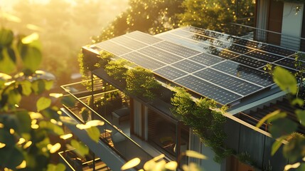 A stylish residence with a rooftop covered in efficient solar panels, basking in the bright midday sun. 8k, realistic, full ultra HD, high resolution and cinematic photography
