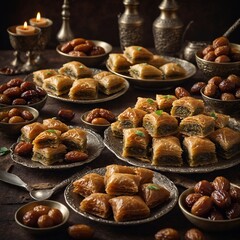  Illustrate a variety of traditional sweet treats like baklava, kunafa, and dates.