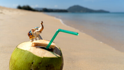 Elephant figurine on the beach sunbathing, vacation and travel concept