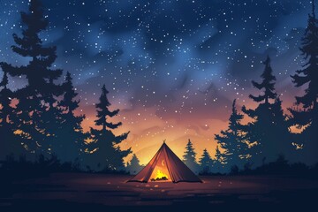 A night shot of a campsite with a glowing tent and campfire under a starry sky, with silhouettes of trees creating a peaceful ambiance.