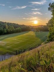 Stunning Sunset Over Lush Green Soccer Field in Serene Countryside Landscape