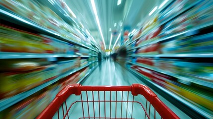 A red shopping cart moving at high speed in the supermarket 