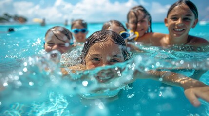 A group of children are swimming in a pool and smiling