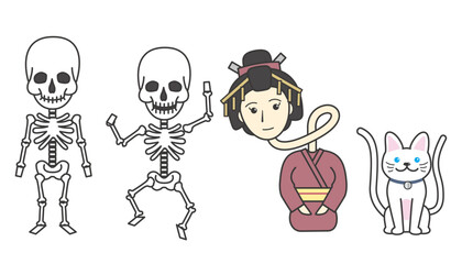 日本の妖怪セット：骸骨・ろくろ首・化け猫のベクターイラスト / Japanese Yokai Set: Skeletons, Long-Neck Spirit & Cat Demon Vector