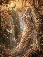 : Amidst an enchanting autumn forest stands a goddess, her gown composed of flowers and leaves cascading gracefully into a waterfall. Woodland creatures gather around her, evoking wonder and awe.