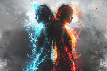 Naklejka premium Fire and ice two female twins stand back to back, their contrasting personas mirroring the duality of their elements, while flashes of vivid blue and fiery red accentuate their respective powers