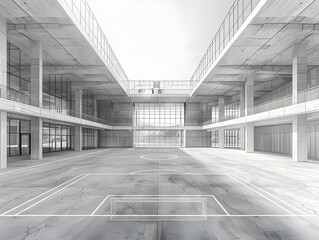 Minimalist Interior of a Modern Manufacturing Facility with Concrete and Grid Structures