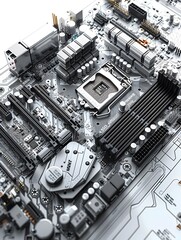 The intricate circuitry of a high tech motherboard component manufacturer showcased in a sleek