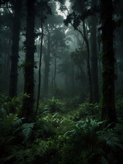 Fototapeta premium Lush and dense forest with an abundance of trees and ferns creating a vibrant green landscape. Sun rays piercing through the canopy, illuminating the dark undergrowth.