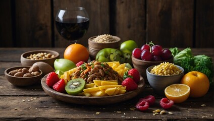 Selection of healthy food on rustic wooden background