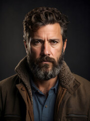 A middle-aged man with a rugged beard is wearing a jacket. He looks confident as he poses for the camera with a serious expression.