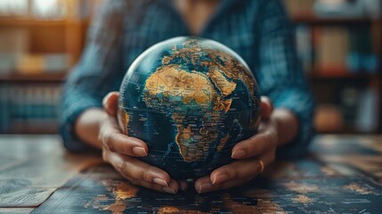 Close-up of hands spinning a globe at a desk, deciding on the next market to enter, focusing on global expansion.