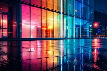 Glass office building lit in a rainbow of color, reflection on wet pavement, early evening