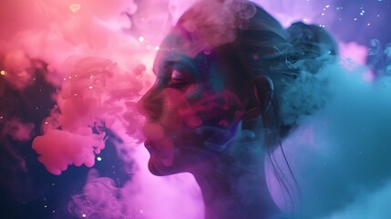 Bright neon lights mixed with colorful powder for a dynamic and energetic double exposure effect
