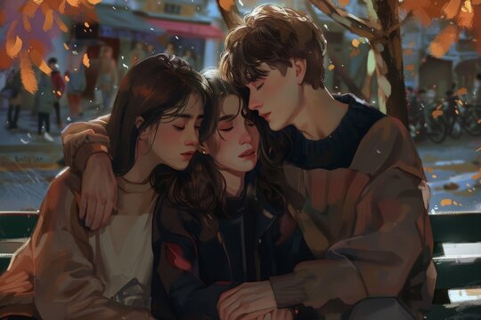 Love triangle, a girl is hugging a guy and he is holding hands with another girl, they are sitting together on a bench
