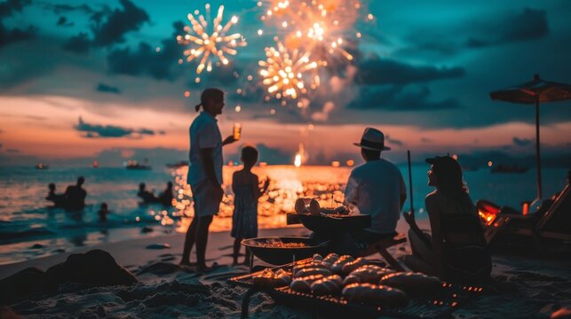A family is enjoying a beach party with fireworks in the background